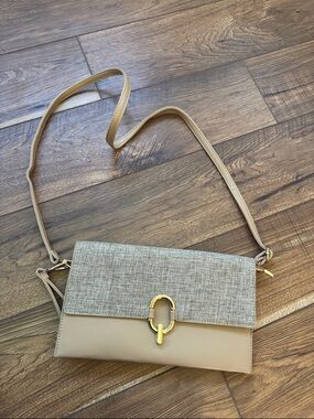 NWOT Never Used Women's Beige Crossbody Bag with Fabric Flap and Gold Hardware